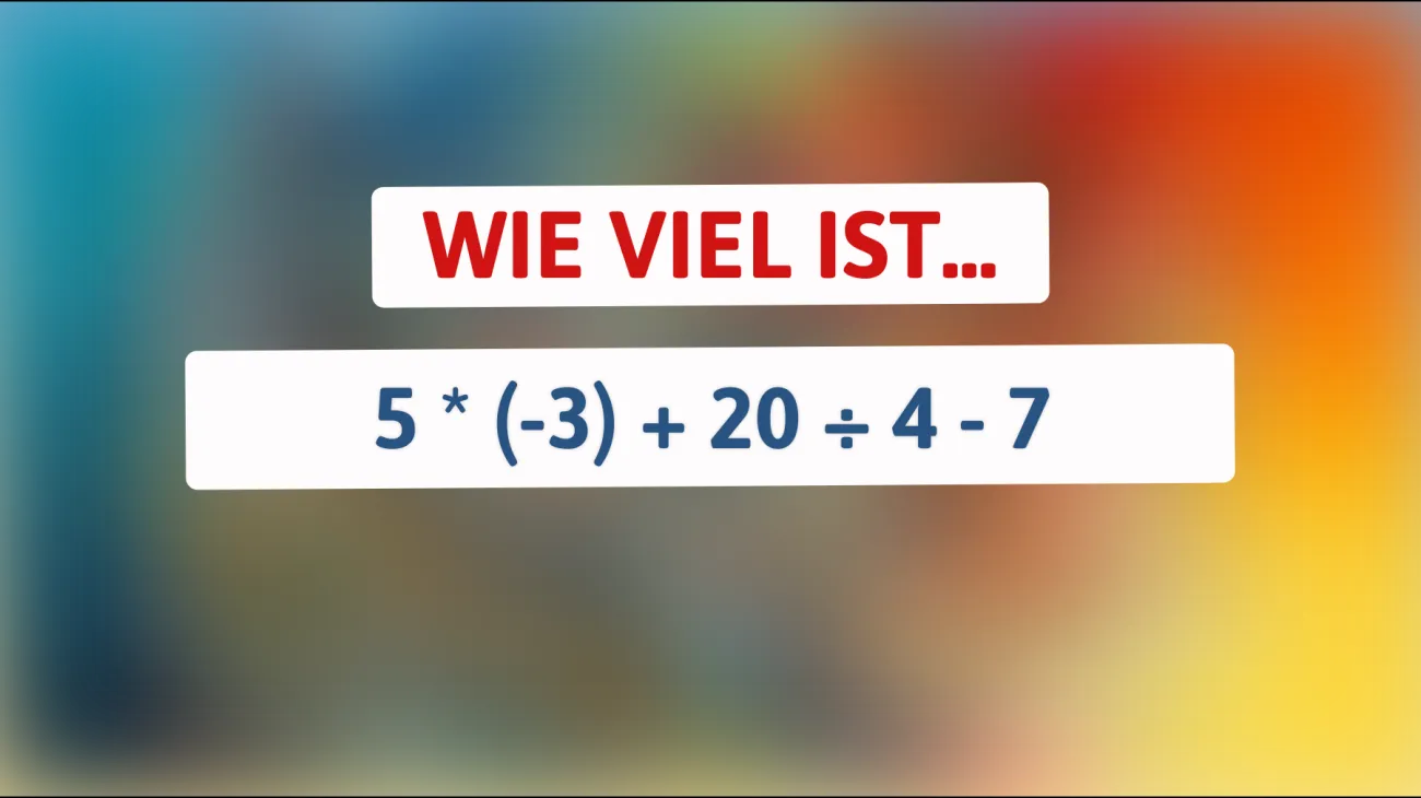 Nur echte Genies können dieses Rechenrätsel lösen: Können Sie das Ergebnis von 5 * (-3) + 20 ÷ 4 - 7 herausfinden?"